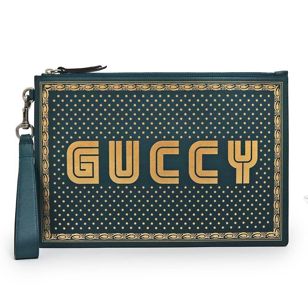 Gucci GUCCY Clutch Shoulder Handbag Leather Turquoise Blue Metallic Gold Green